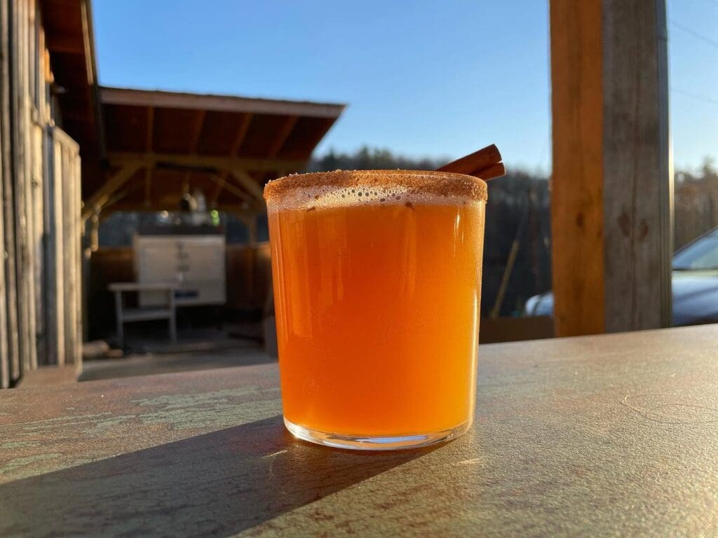 Orange cocktail in a rocks glass with a sugared rim and cinnamon stick, on a wooden table with a sunny outdoor patio in the background.