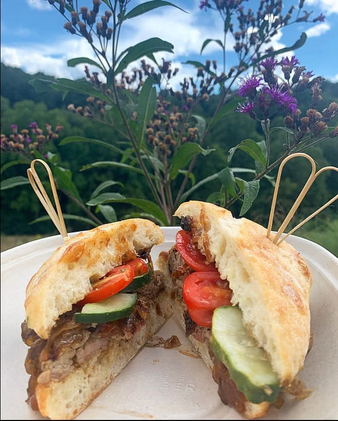 Two halves of a toasted beef sandwich with tomato and cucumber fillings on a white plate, set outdoors with green hills and purple flowers in the background.