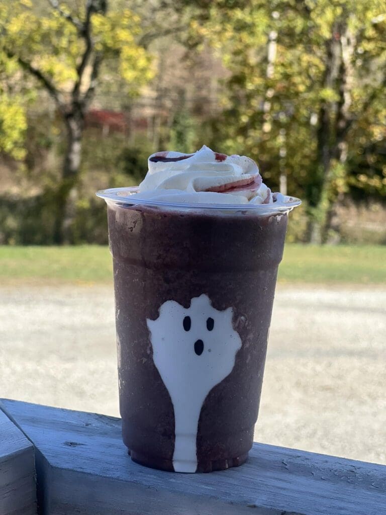Chocolate drink in a clear cup with whipped cream, strawberry sauce, and a ghost-shaped decoration on a blue railing outdoors with trees in the background.